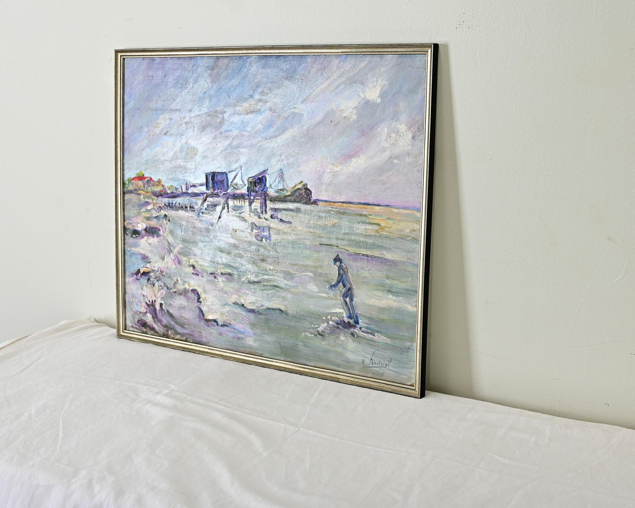 Paisaje marino vintage francés al óleo sobre tabla Moderno en venta