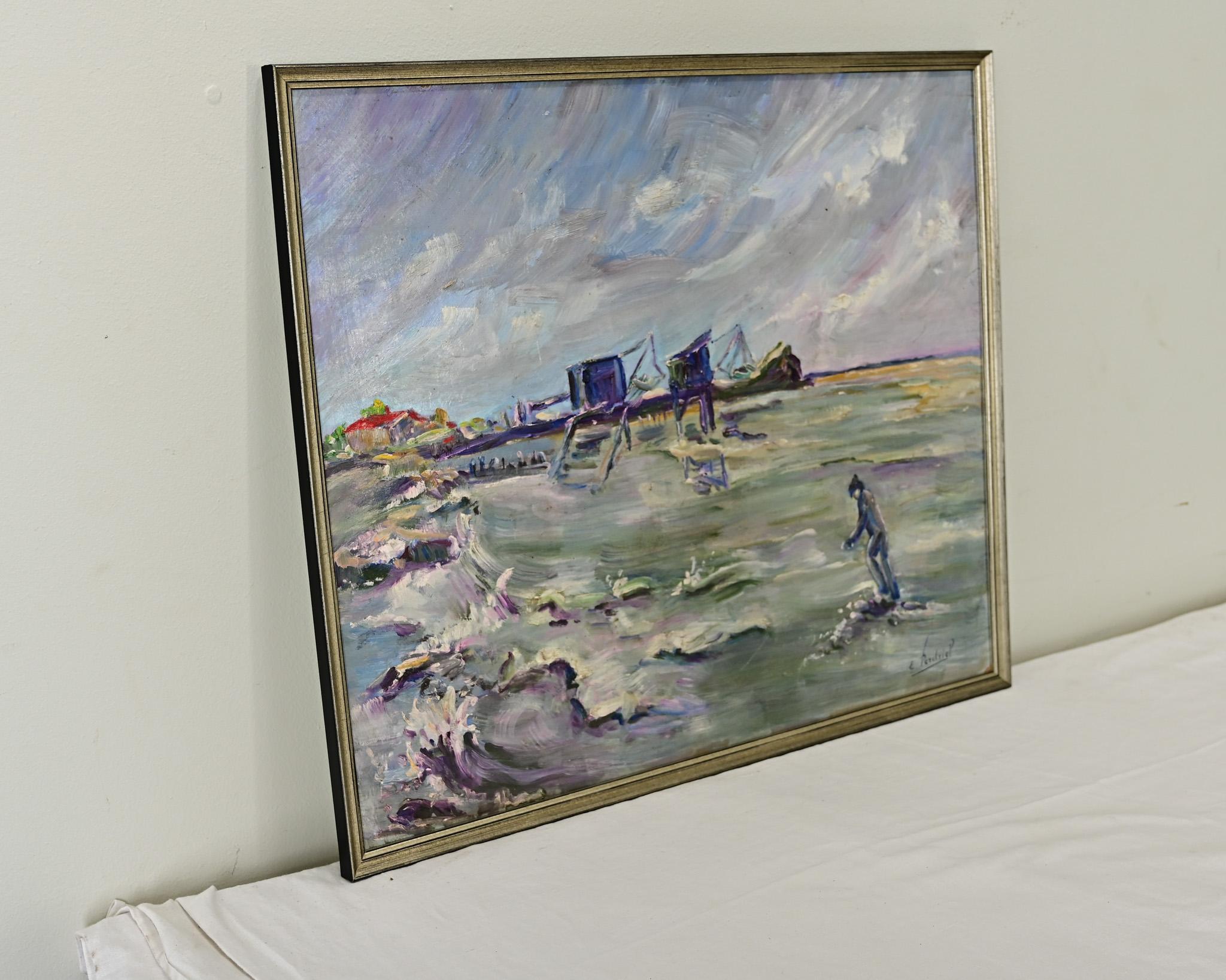 Paisaje marino vintage francés al óleo sobre tabla Francés en venta