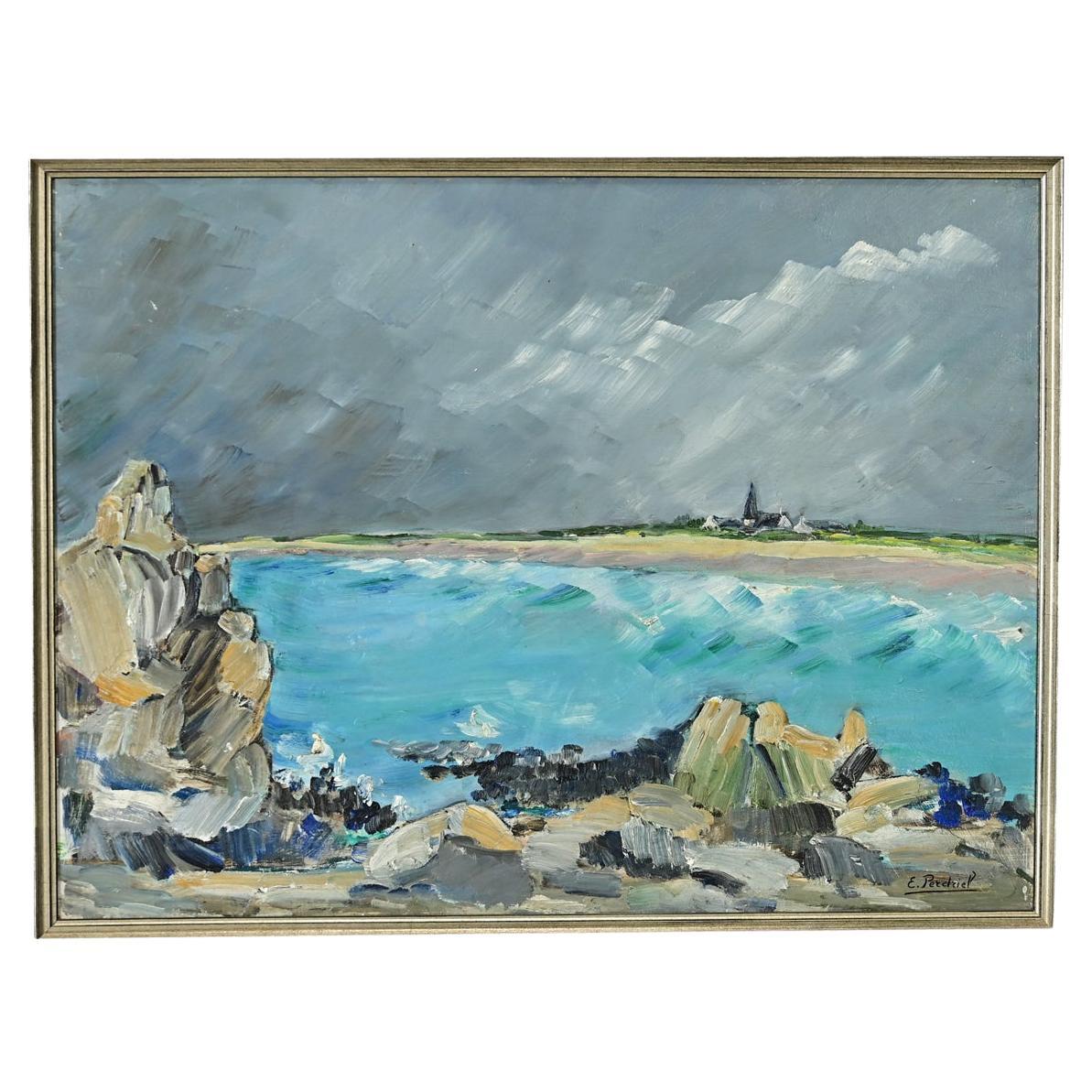 Olio francese d'epoca su pannello con paesaggio marino