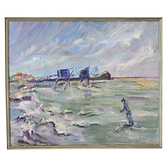Paisaje marino vintage francés al óleo sobre tabla