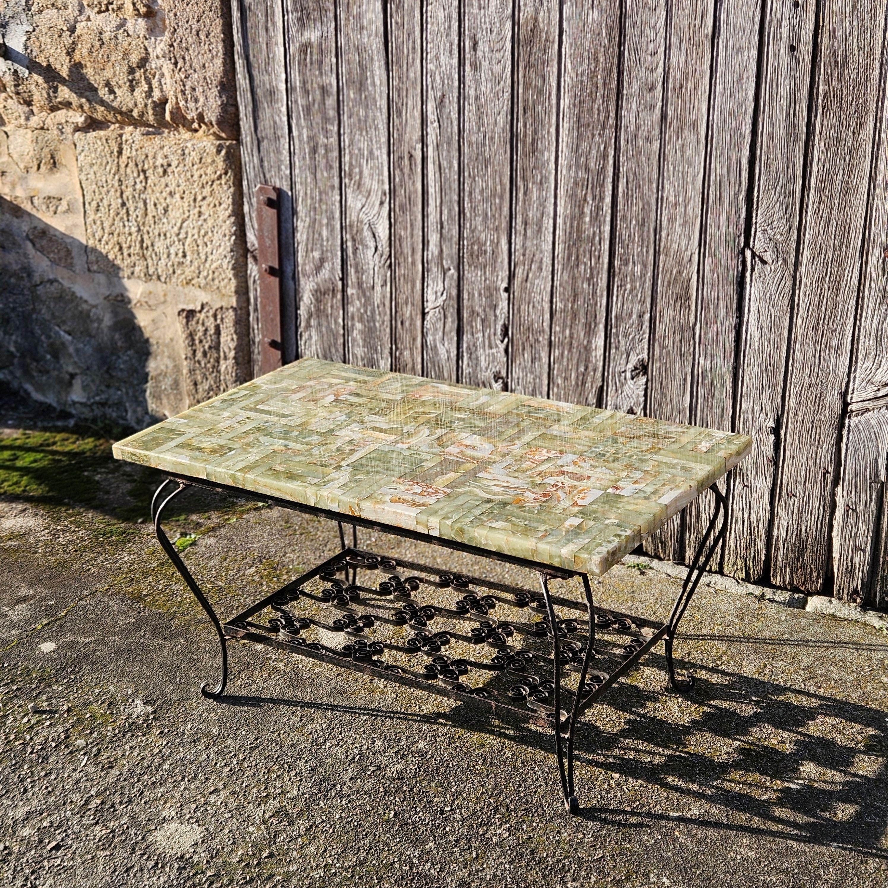 French Vintage Onyx Marble and forged Coffee Table -Green Marble Lounge Table 5