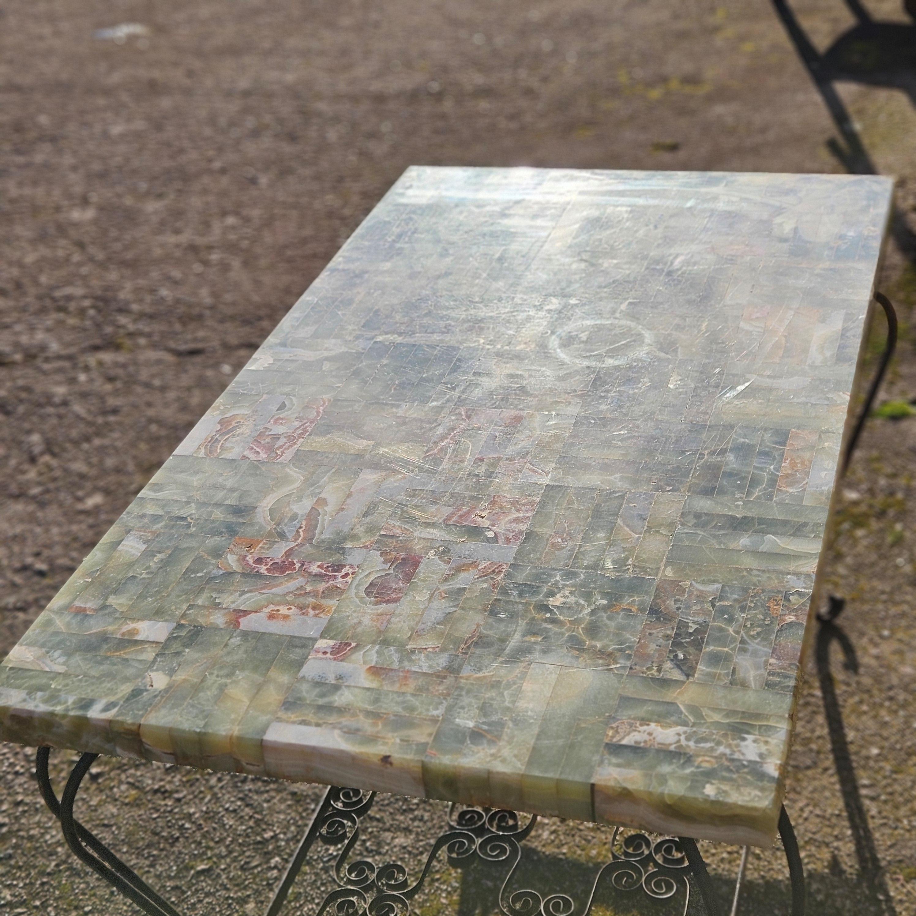 French Vintage Onyx Marble and forged Coffee Table -Green Marble Lounge Table 6