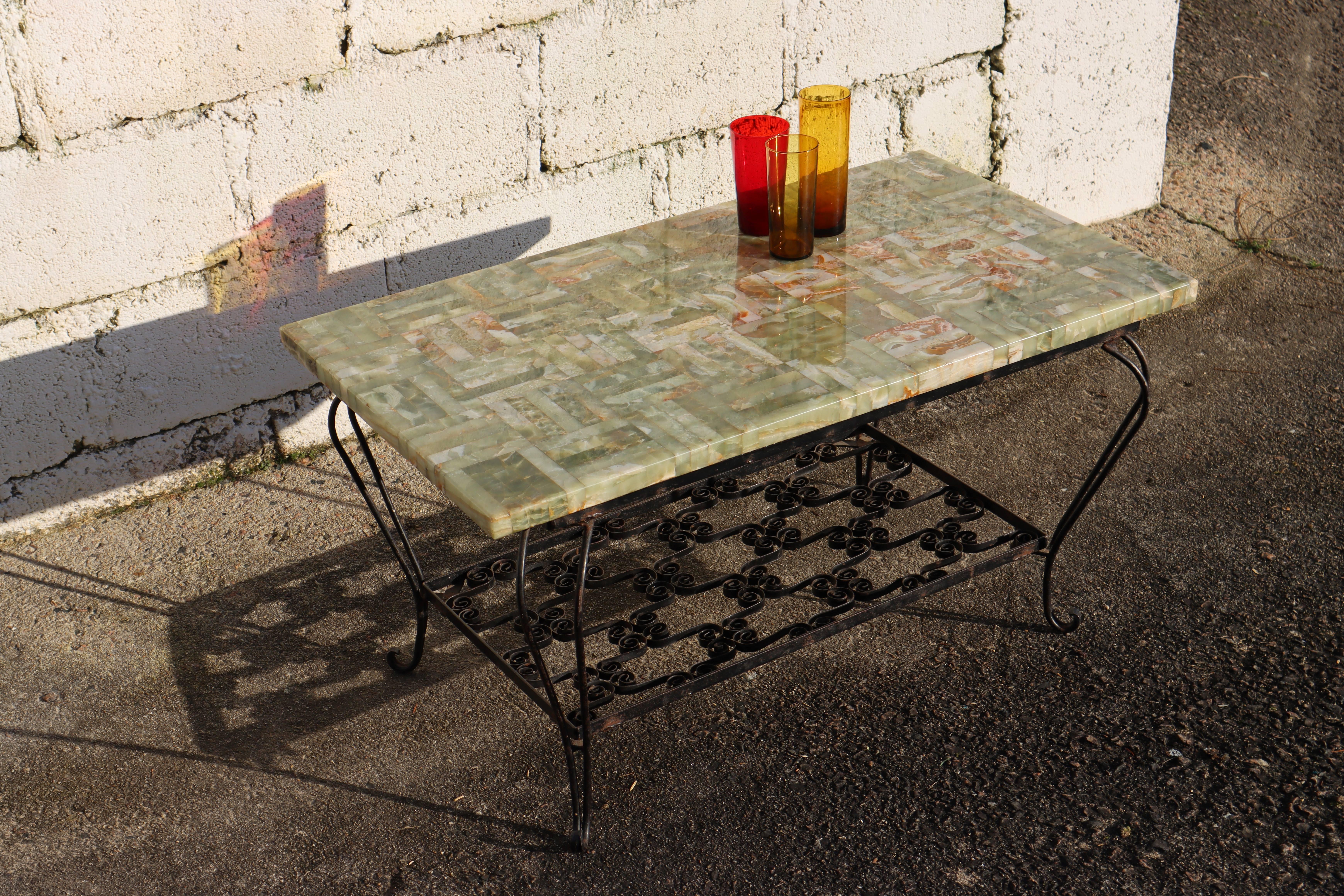 French Vintage Onyx Marble and forged Coffee Table -Green Marble Lounge Table 11
