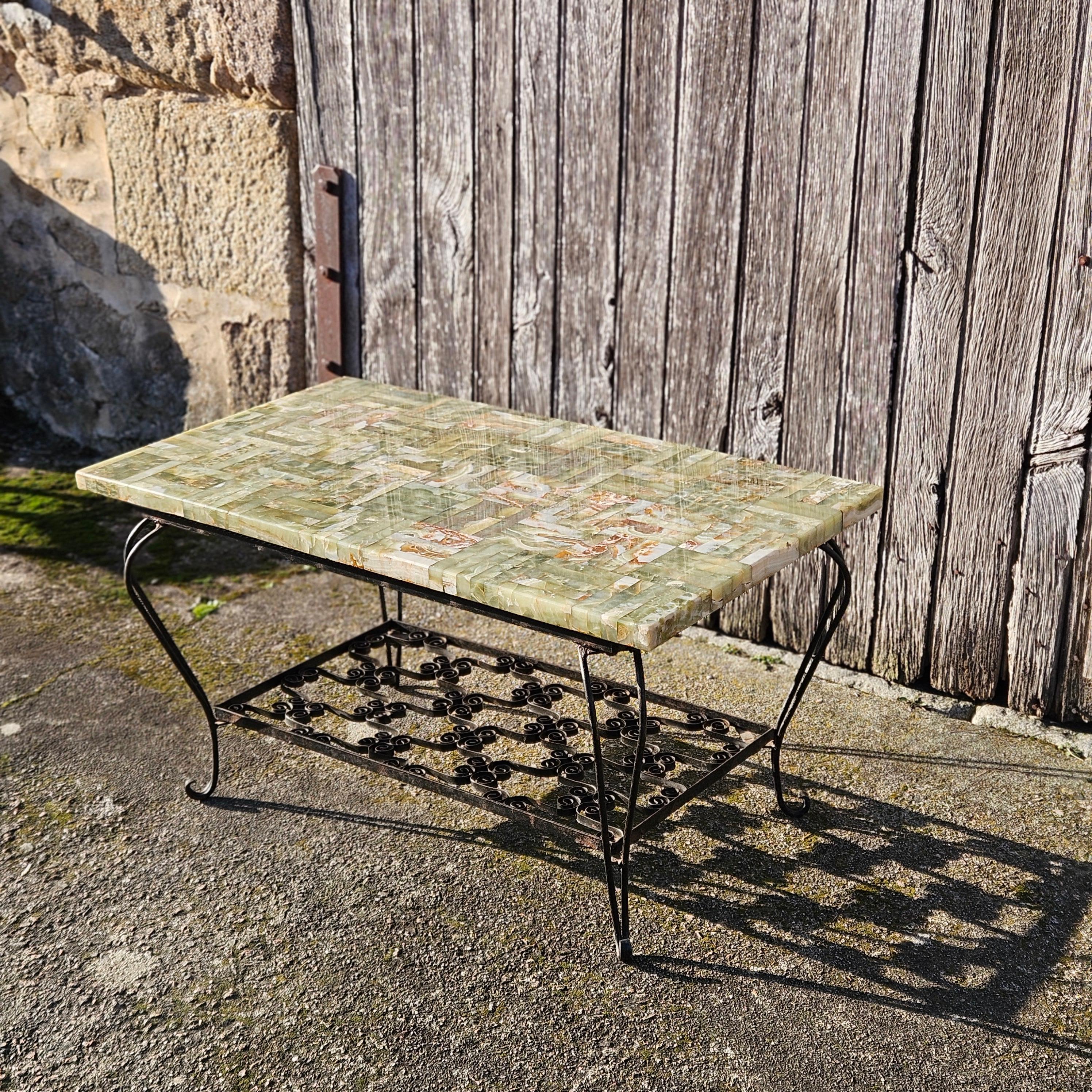 French Vintage Onyx Marble and forged Coffee Table -Green Marble Lounge Table 13