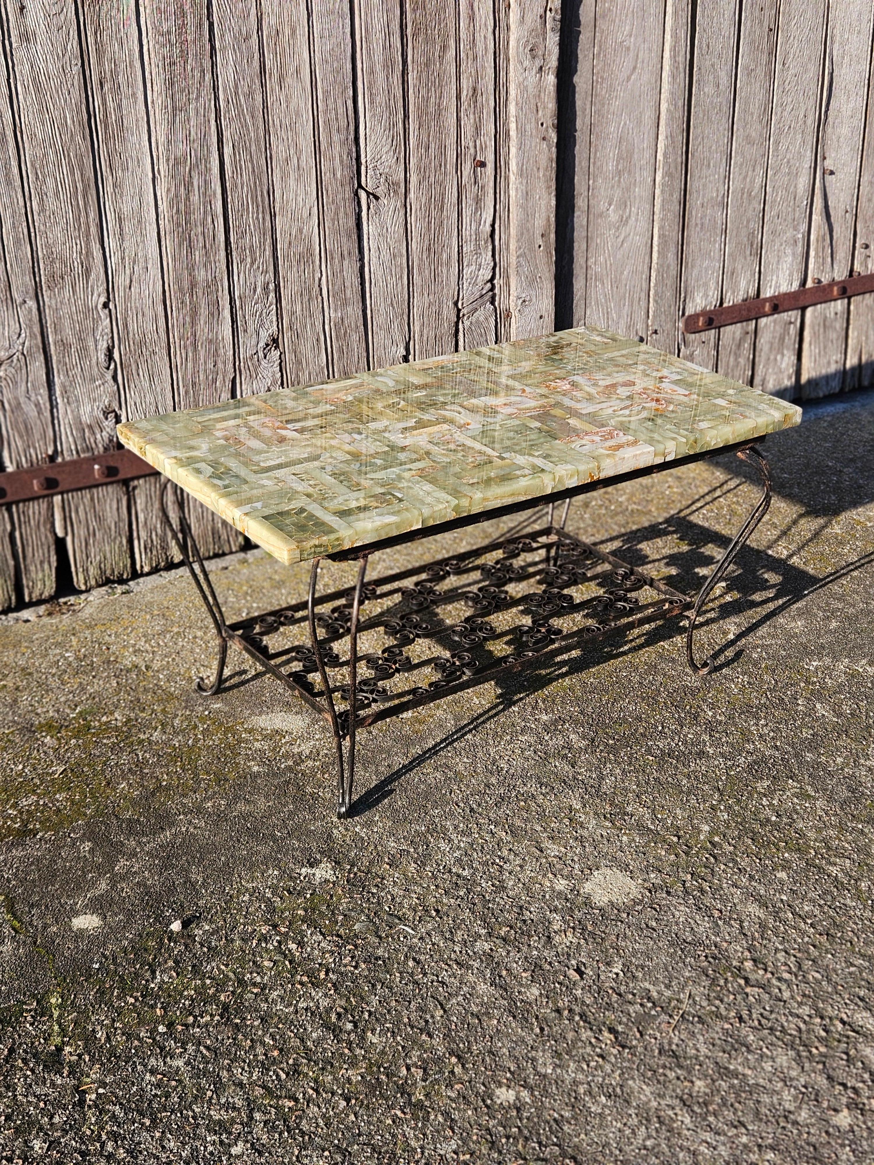 French Vintage Onyx Marble and forged Coffee Table -Green Marble Lounge Table 14