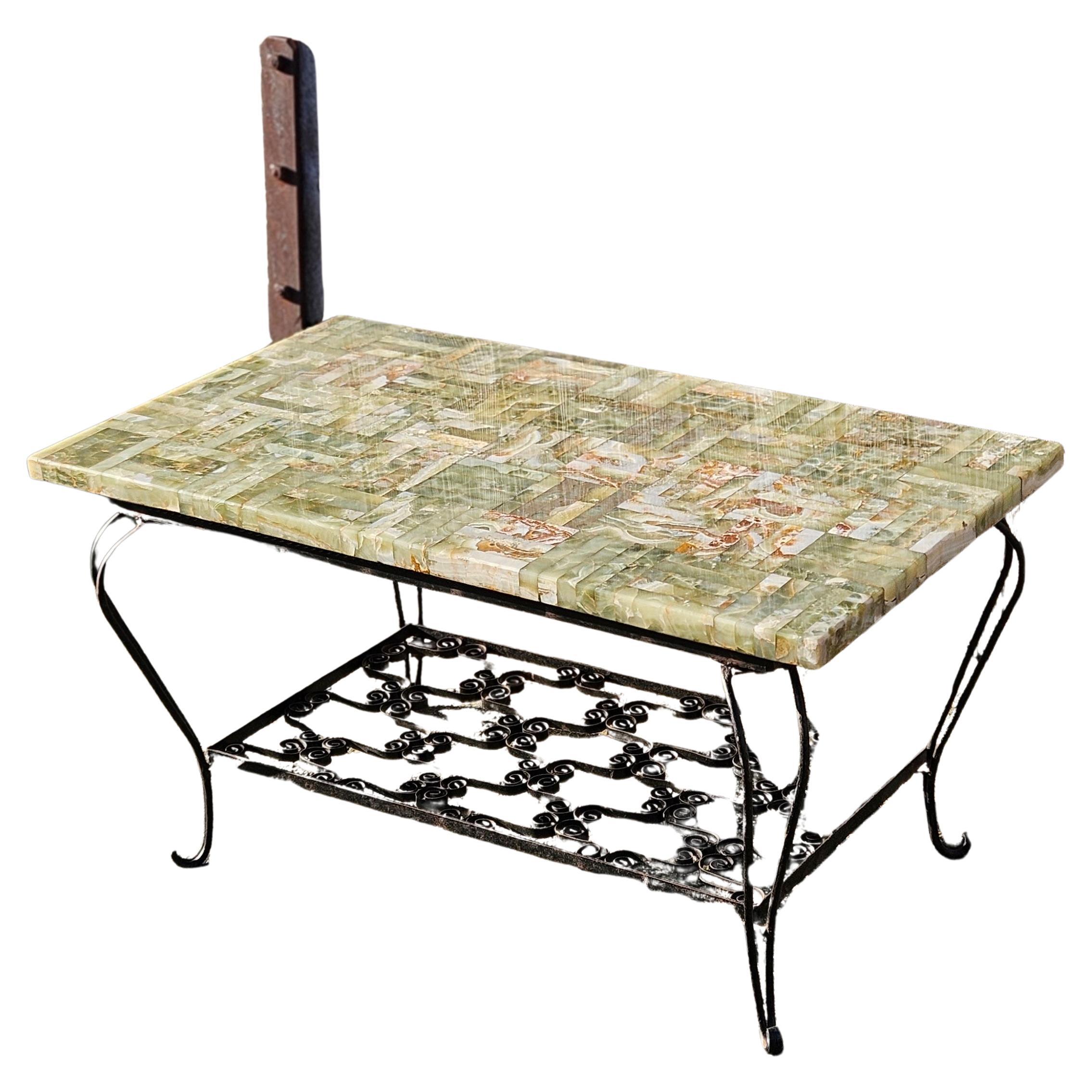 Hollywood Regency French Vintage Onyx Marble and forged Coffee Table -Green Marble Lounge Table
