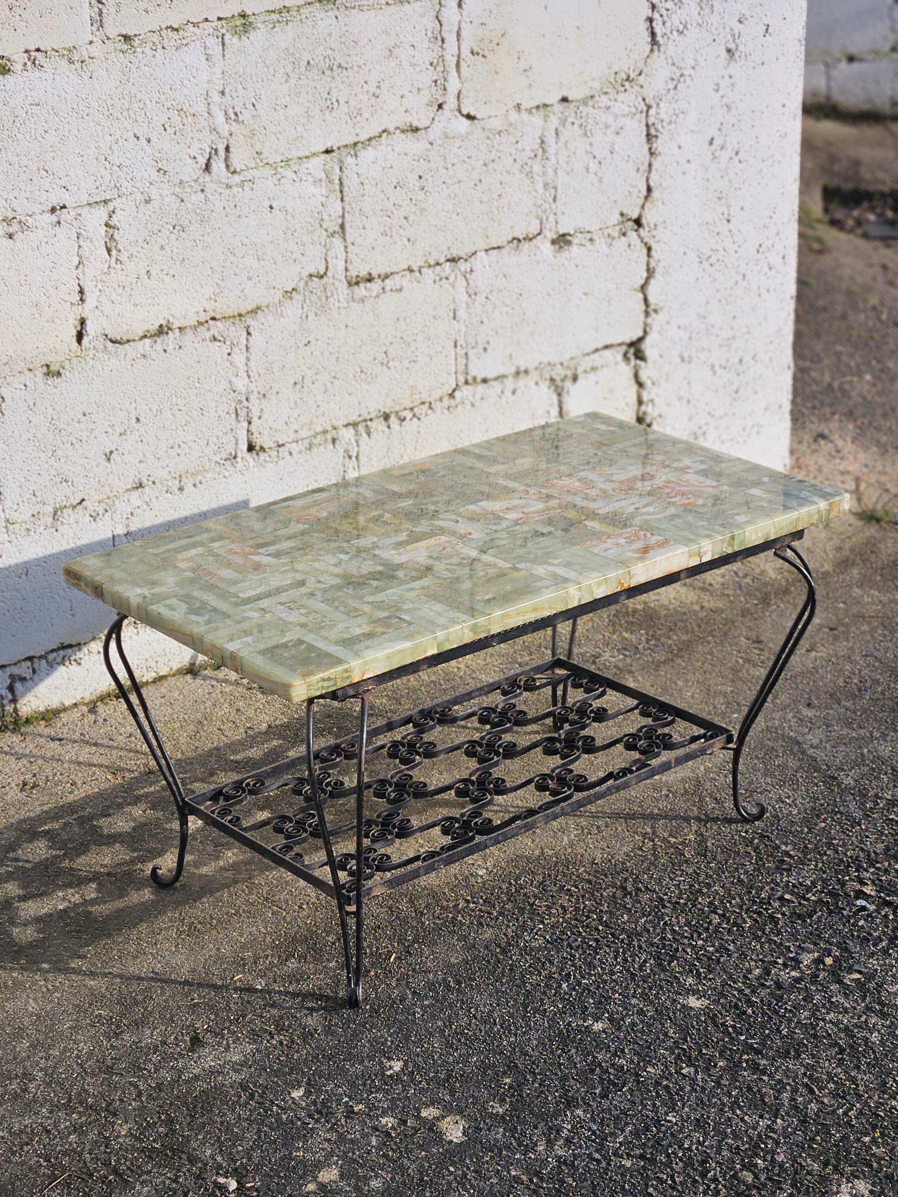 French Vintage Onyx Marble and forged Coffee Table -Green Marble Lounge Table 1