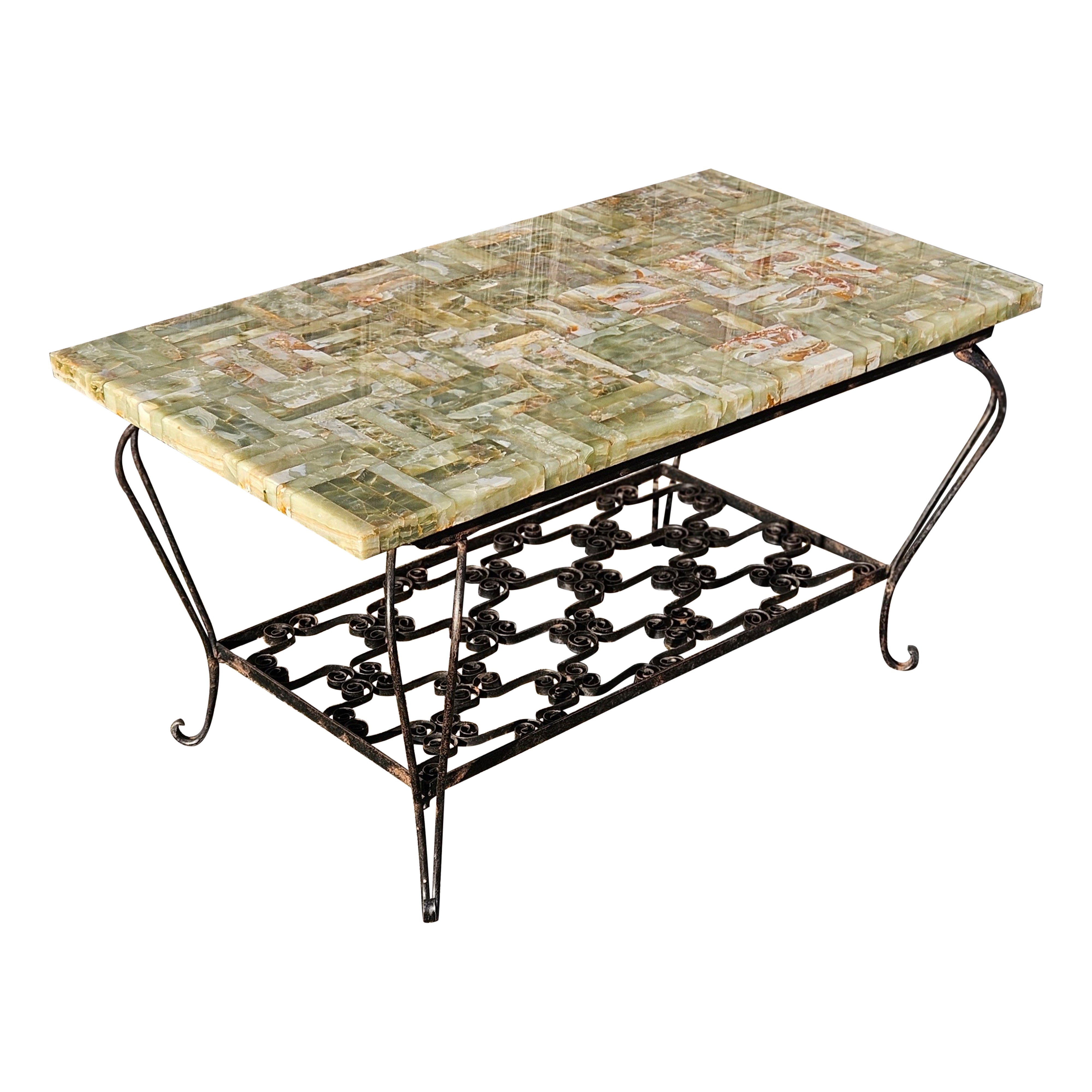 French Vintage Onyx Marble and forged Coffee Table -Green Marble Lounge Table
