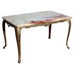 French Vintage Onyx Marble Brass Coffee Table-Cocktail Table-Style Louis XV-70s
