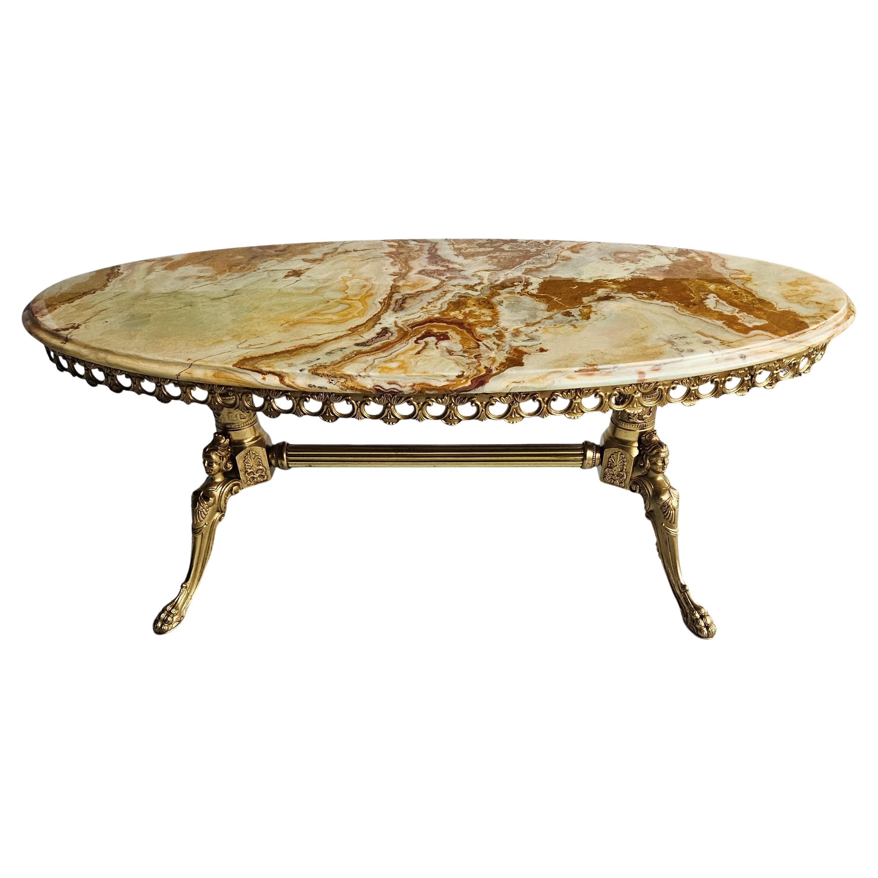 French Vintage green Onyx Marble and Brass Coffee Table - Coctail Table- Lounge Table from the 70s
Splendid Colours - jade, mother of pearl,orange ,brown - colors with natural pattern
Marble Top with all-round decorative Edge
Massive Brass Frame -