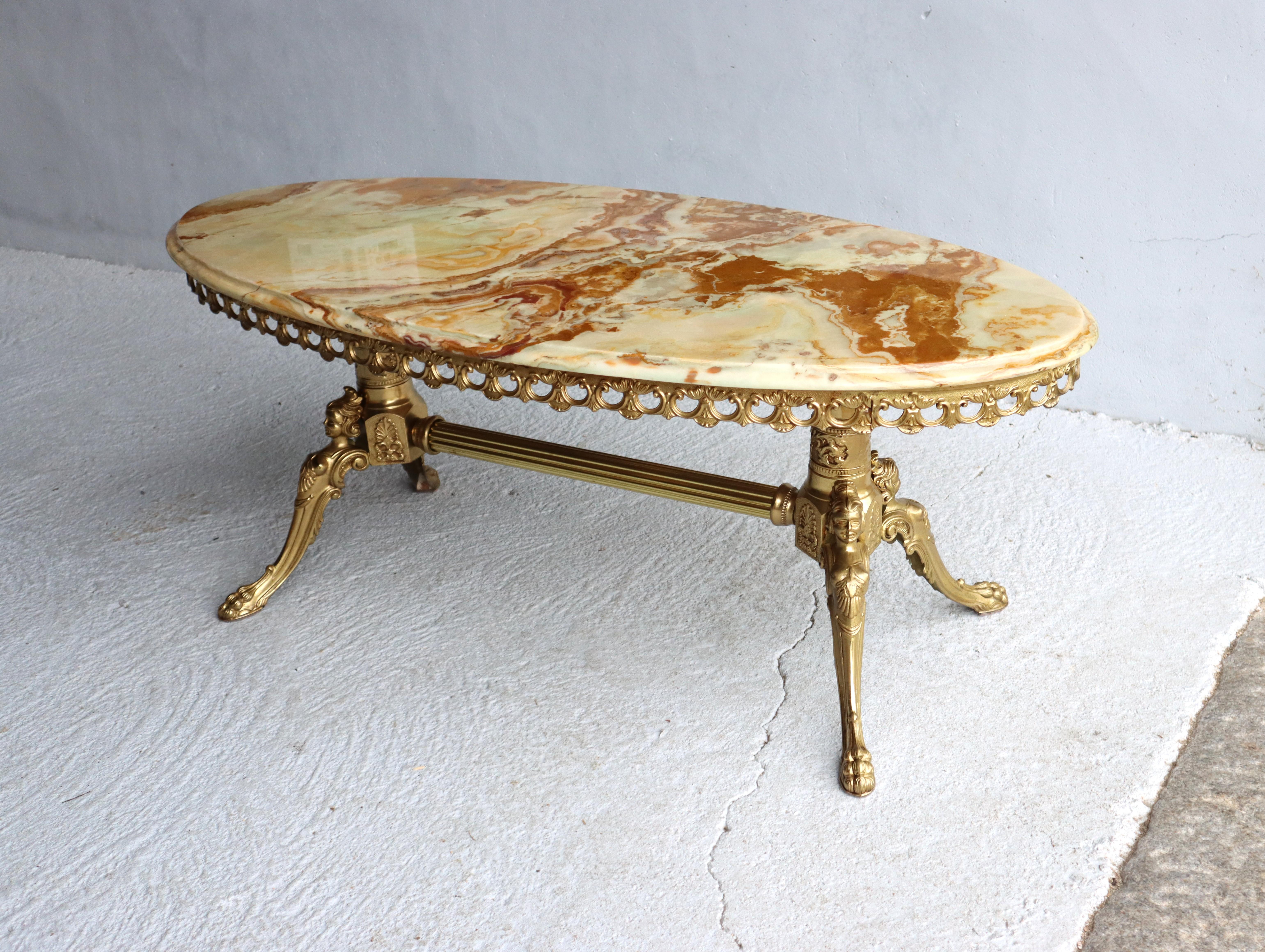 Late 20th Century French Vintage Onyx Marble&Brass Coffee Table -Marble Lounge Table-Rococo Style
