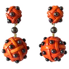 French Vintage Orange Ball Statement Earrings 