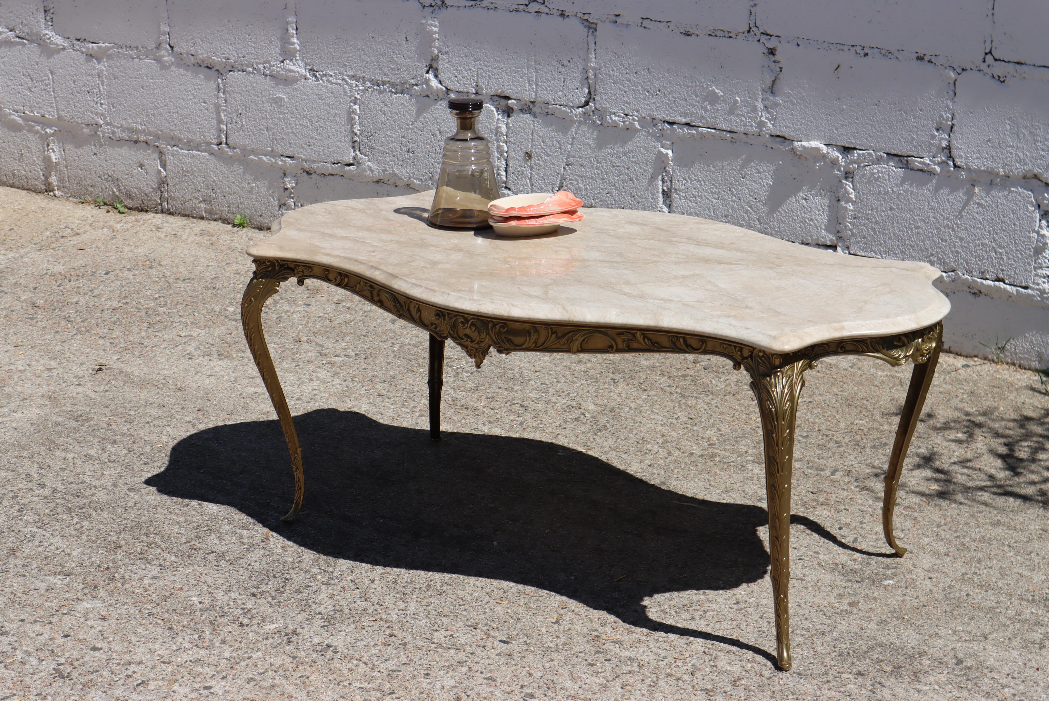 French Vintage Oval Marble Brass Coffee Table-Cocktail Table-Style Louis XV-70s 1