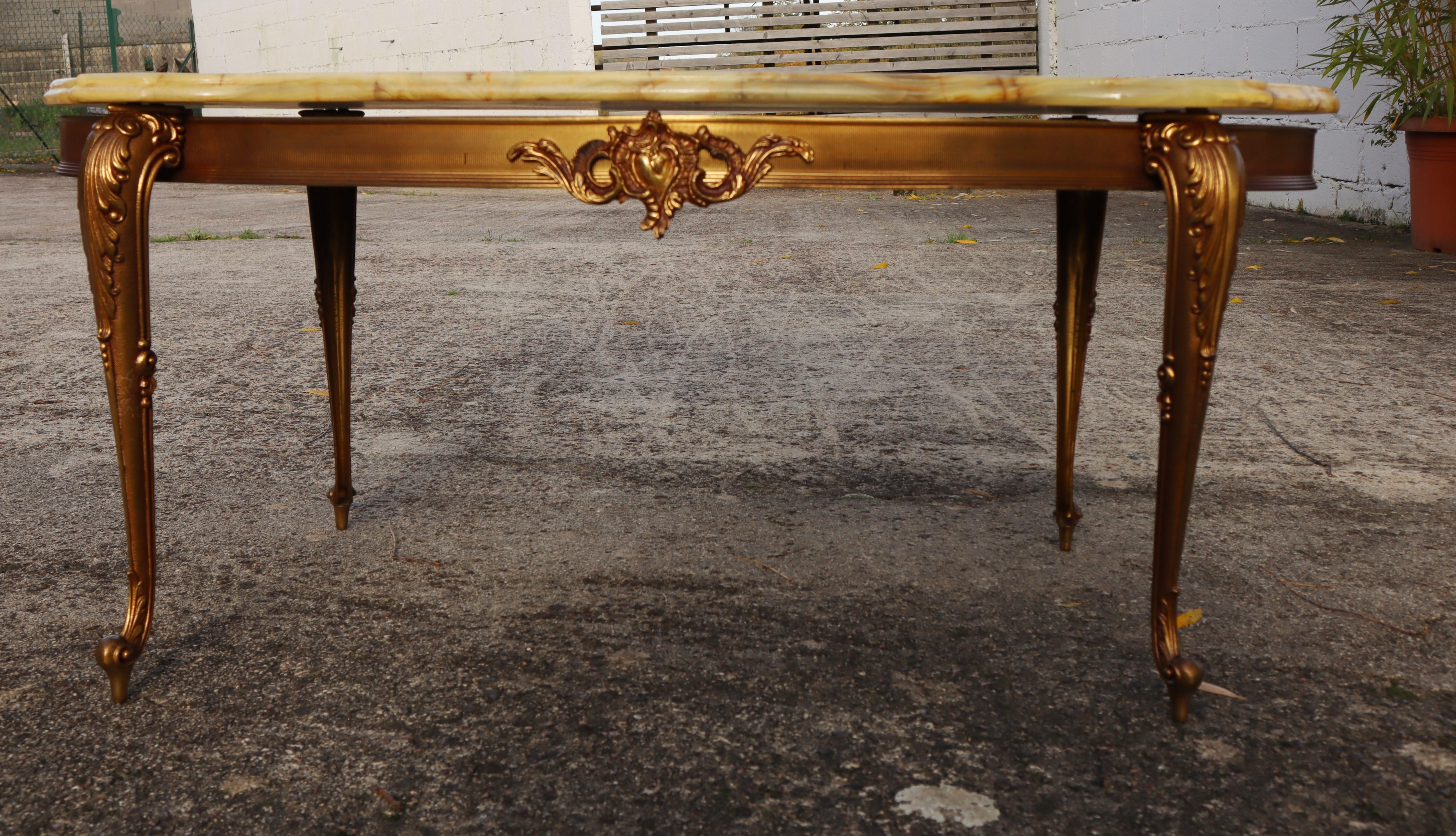 French Vintage Onyx Marble Brass Coffee Table-Lounge Table-Style Louis XV -70s 1