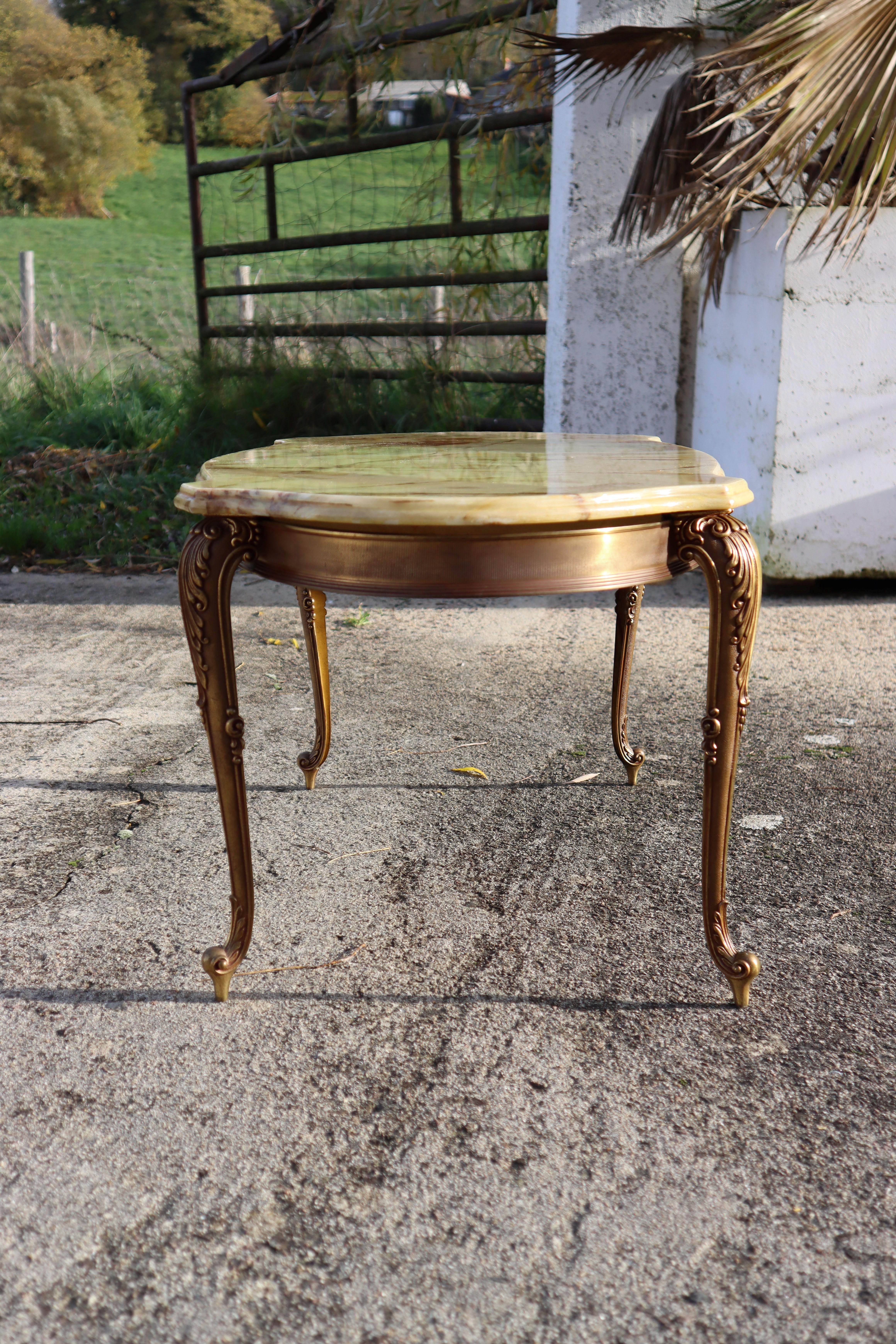 French Vintage Onyx Marble Brass Coffee Table-Lounge Table-Style Louis XV -70s 3