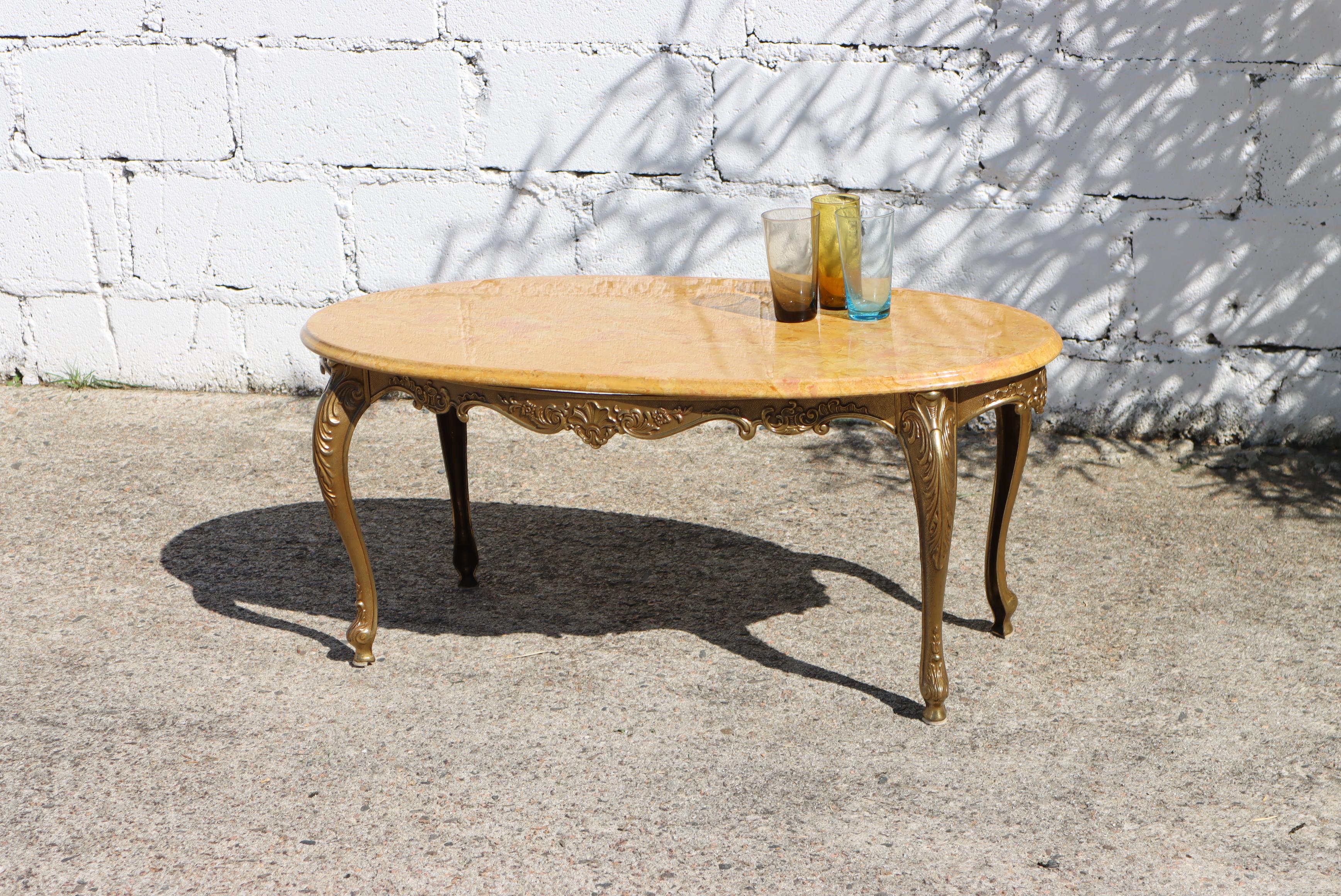 French Vintage oval Travertine & Brass Coffee Table-Cocktail Table- Louis XV-70s 3