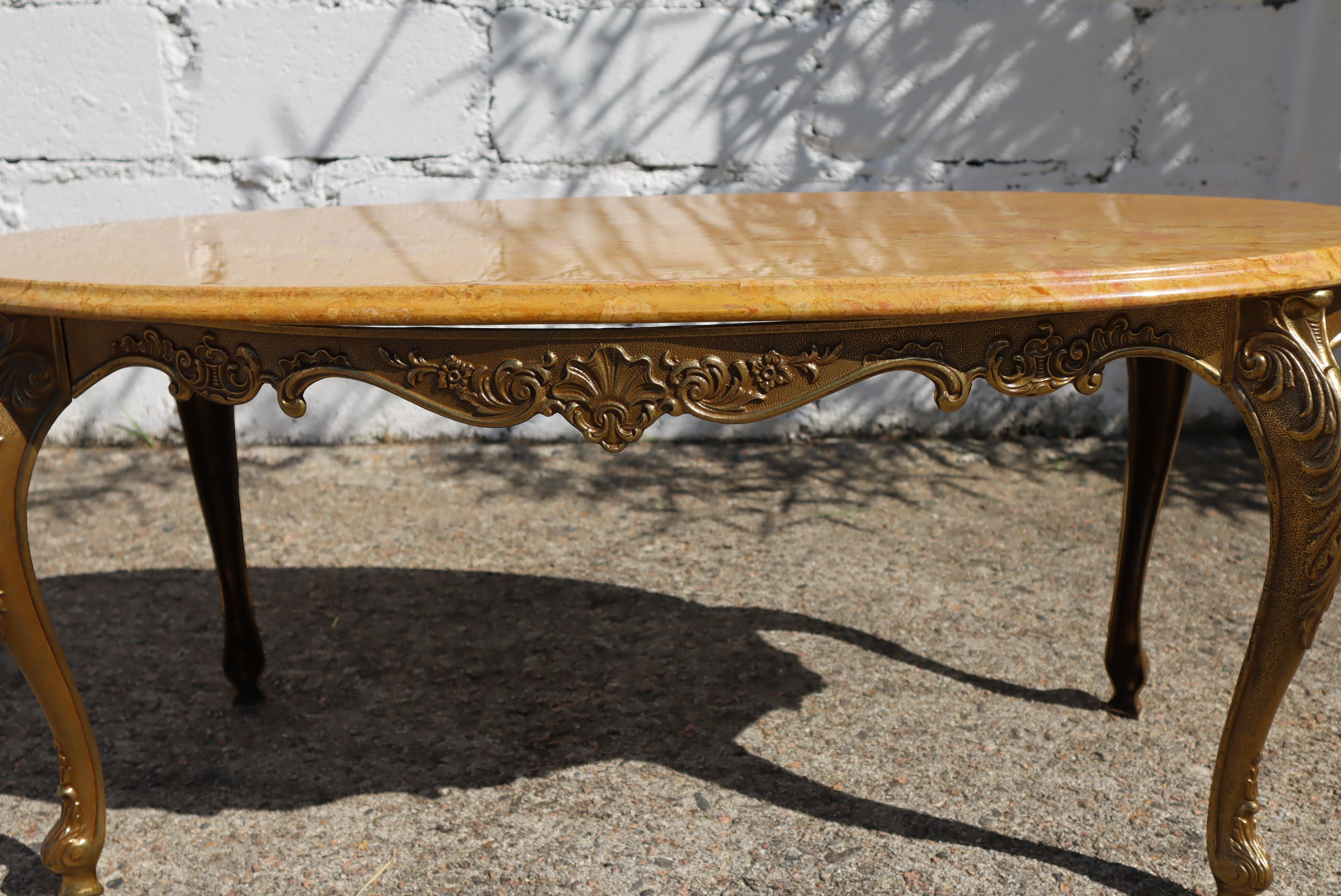 French Vintage oval Travertine & Brass Coffee Table-Cocktail Table- Louis XV-70s 5