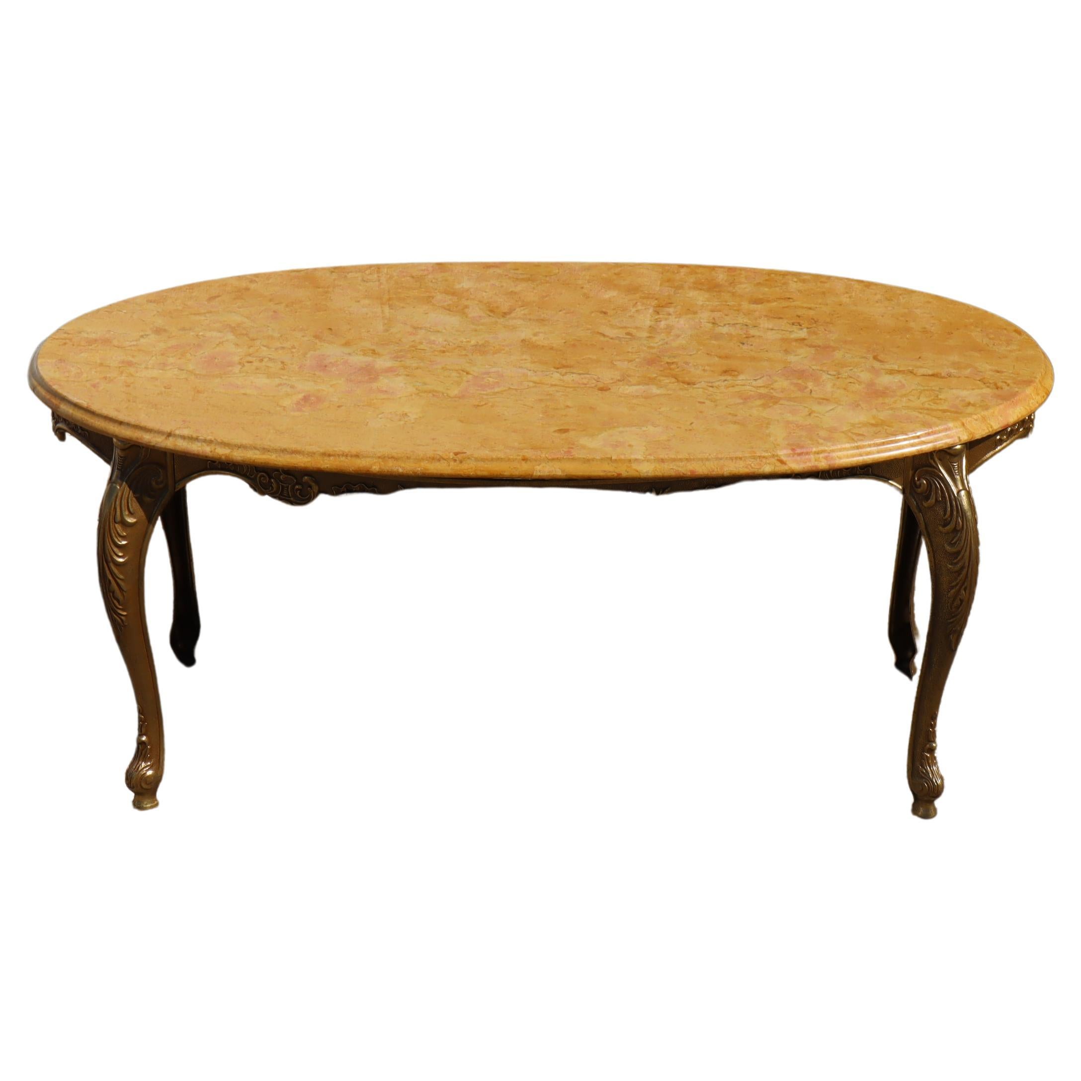 French Vintage oval Travertine & Brass Coffee Table-Cocktail Table- Louis XV-70s