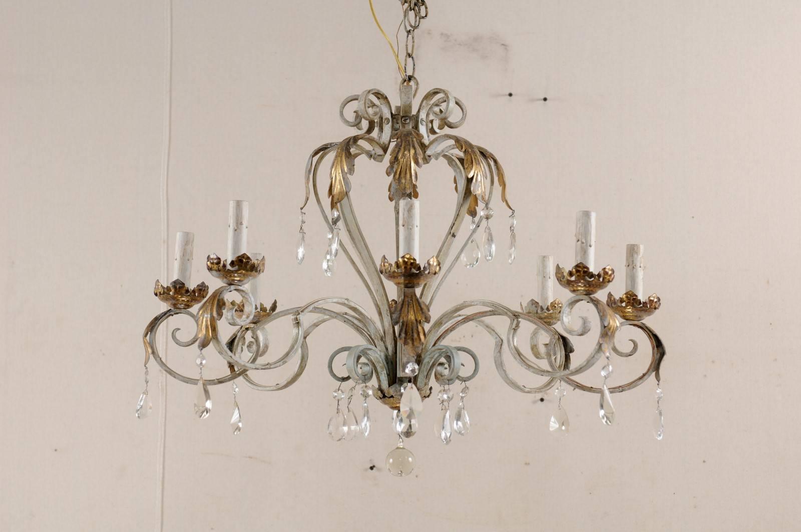 French Vintage Painted Iron and Crystal Chandelier with Acanthus Leaf Motifs In Good Condition In Atlanta, GA