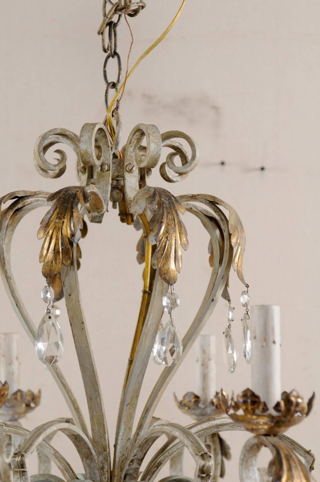 20th Century French Vintage Painted Iron and Crystal Chandelier with Acanthus Leaf Motifs