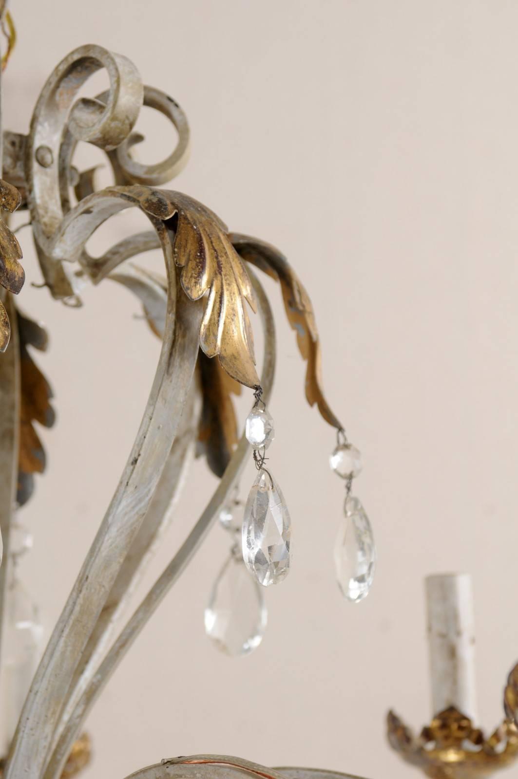 Metal French Vintage Painted Iron and Crystal Chandelier with Acanthus Leaf Motifs