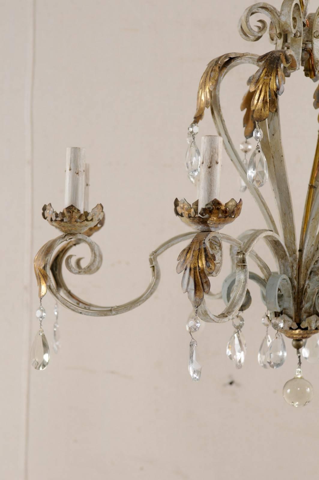 French Vintage Painted Iron and Crystal Chandelier with Acanthus Leaf Motifs 1