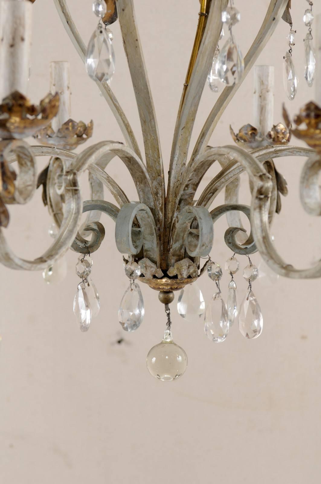 French Vintage Painted Iron and Crystal Chandelier with Acanthus Leaf Motifs 2