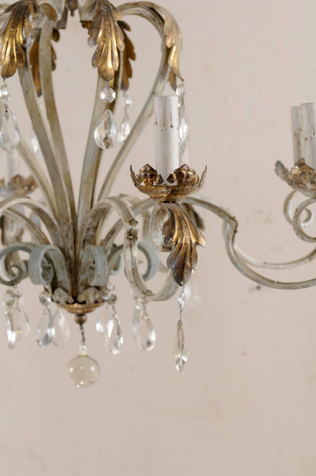 French Vintage Painted Iron and Crystal Chandelier with Acanthus Leaf Motifs 3