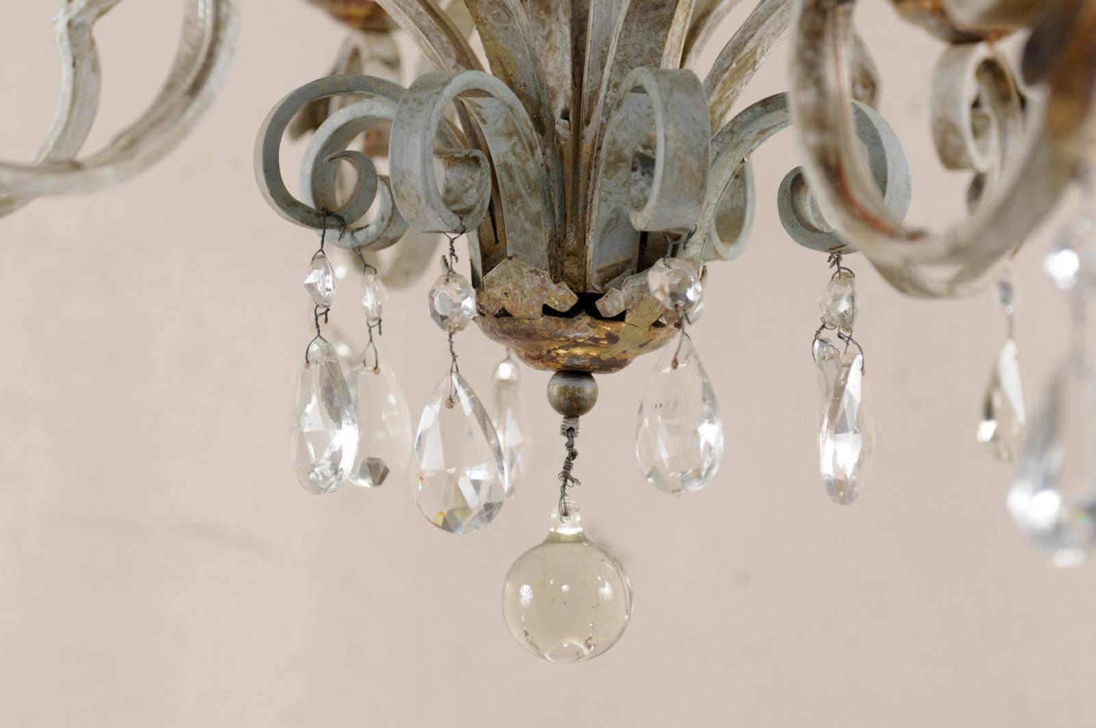 French Vintage Painted Iron and Crystal Chandelier with Acanthus Leaf Motifs 4
