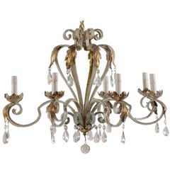 French Vintage Painted Iron and Crystal Chandelier with Acanthus Leaf Motifs