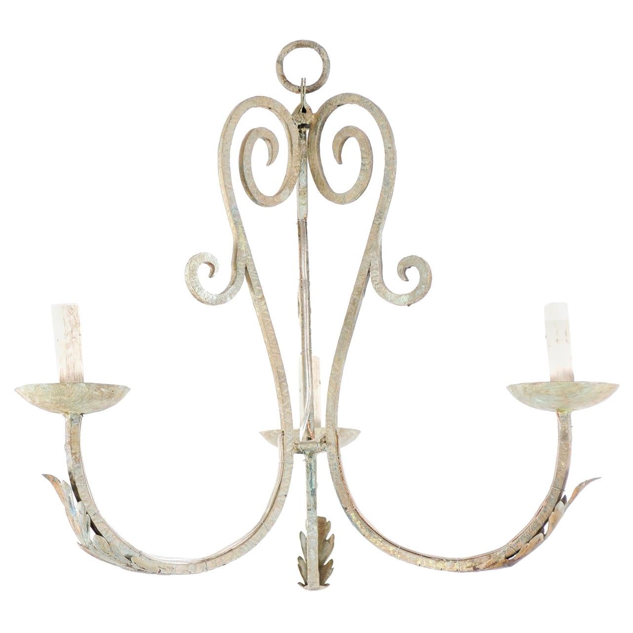 French Vintage Painted Iron Three-Light Chandelier