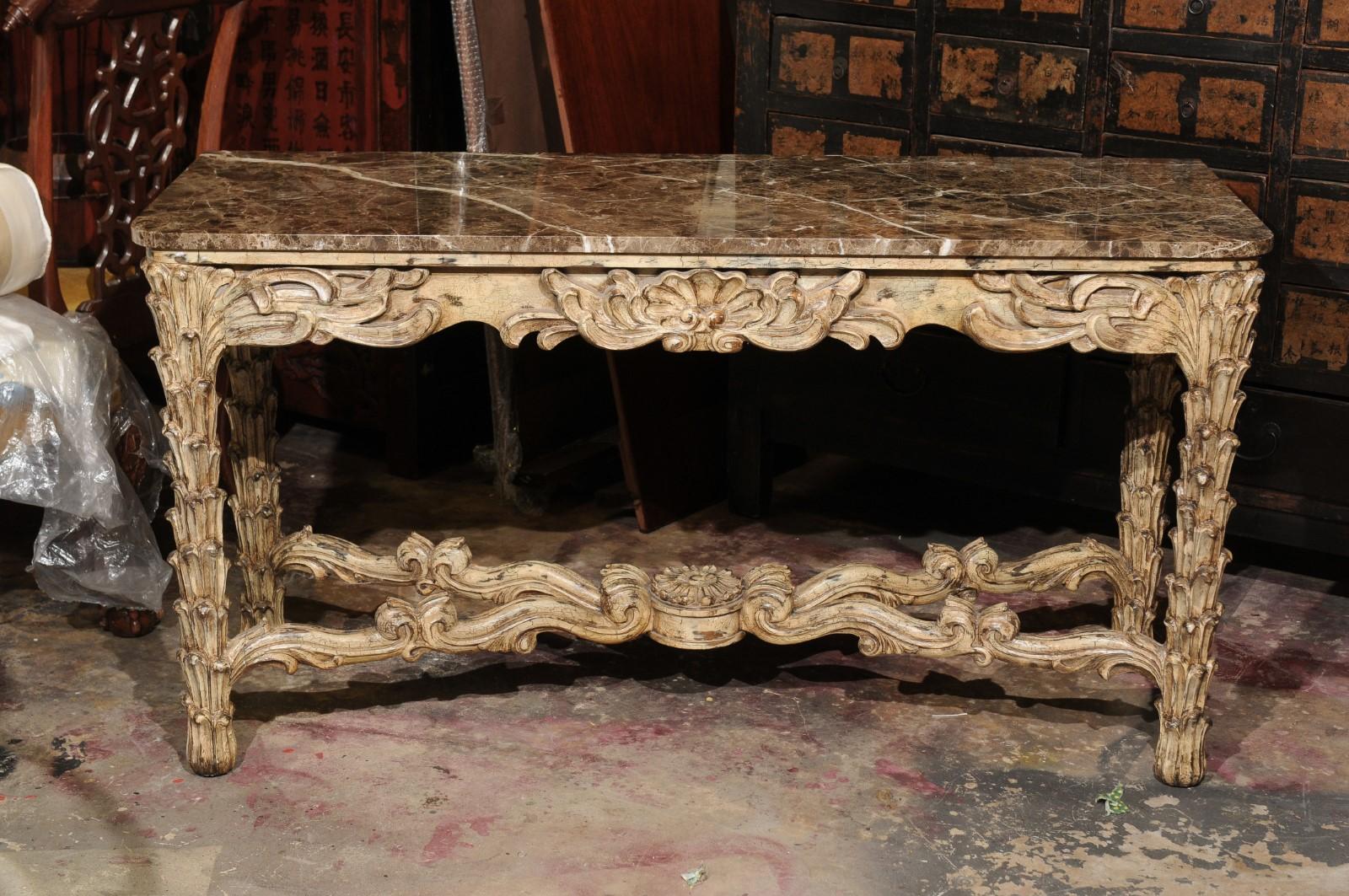 Rococo French Vintage Painted Marble Top Console For Sale