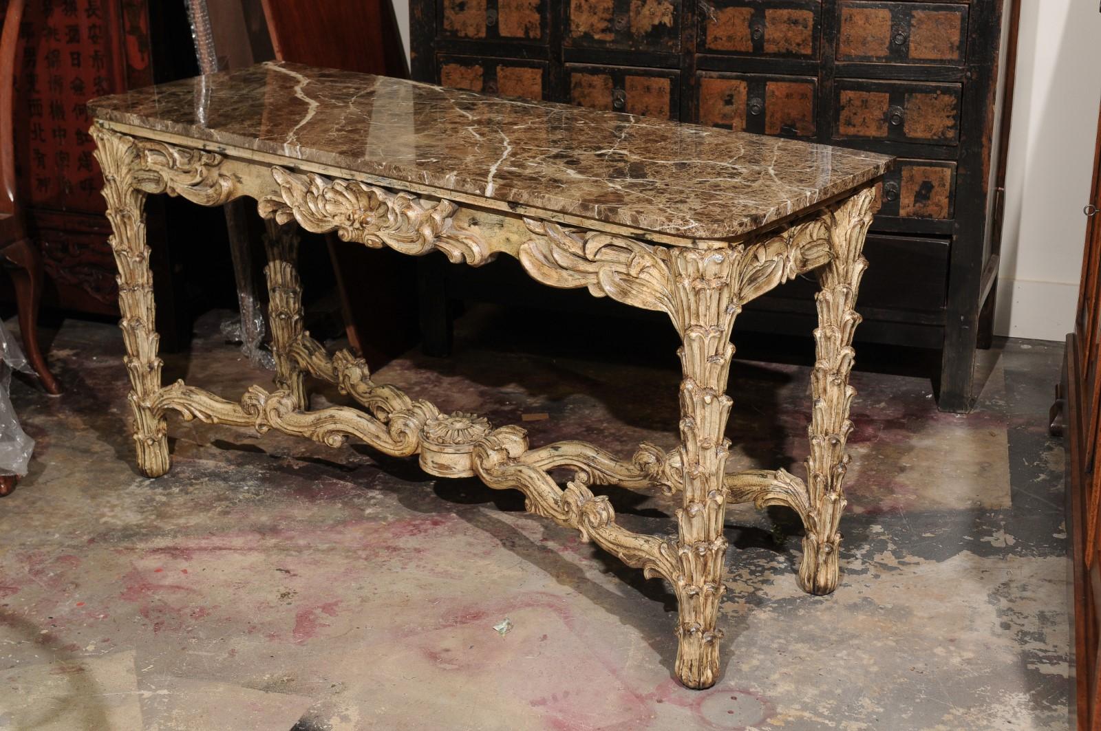 French Vintage Painted Marble Top Console In Good Condition For Sale In Chamblee, GA