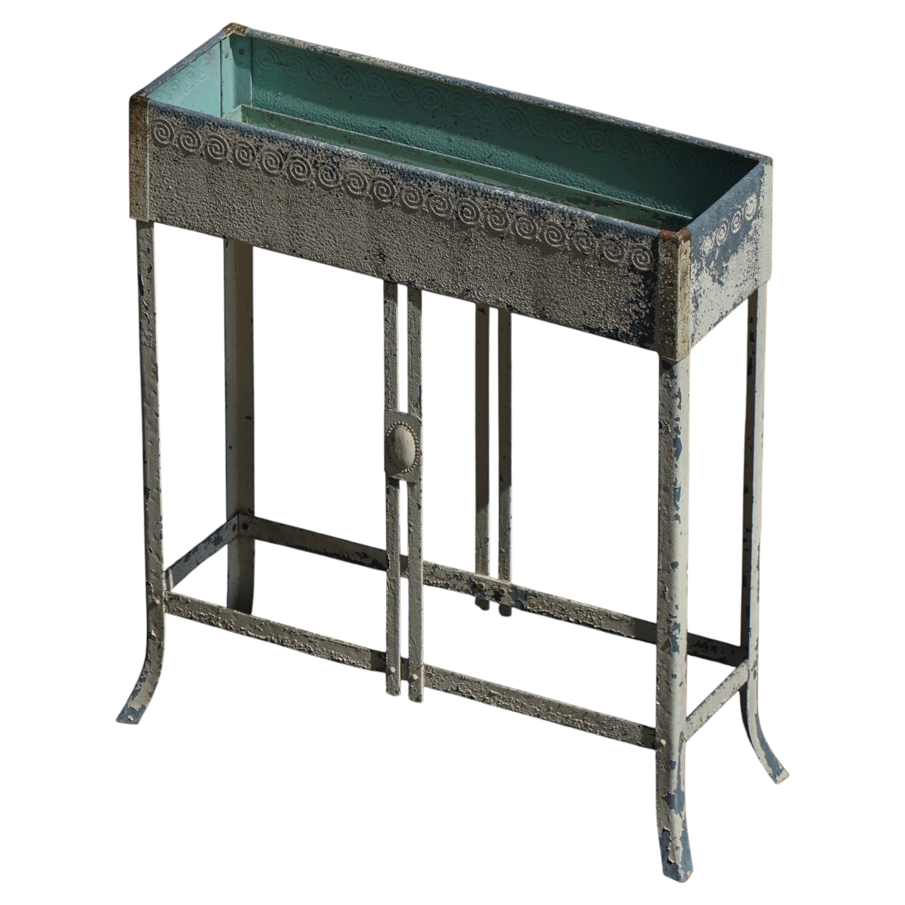 French Vintage Painted Metal Garden Planter on Stand, Art Nouveau, 1920s