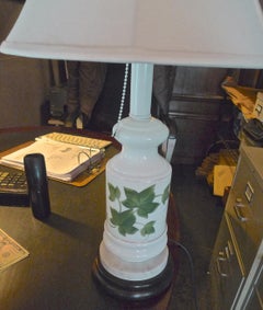 French Vintage Painted Milk Glass Table Lamp Mounted on a Wood and Marble Base