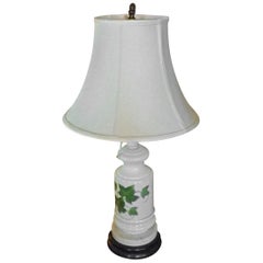 French Vintage Painted Milk Glass Table Lamp Mounted on a Wood and Marble Base