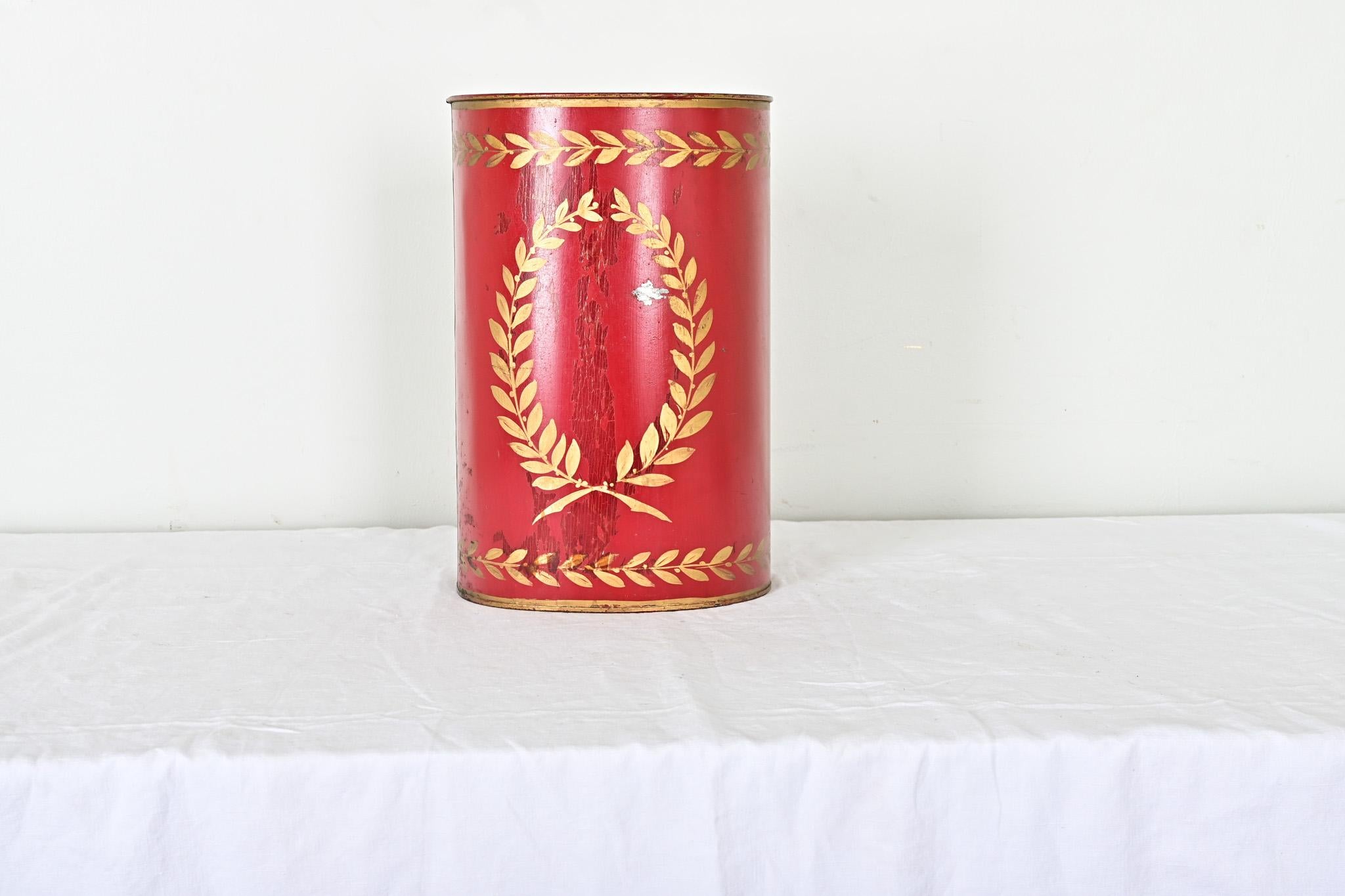 Metal French Vintage Painted Tole Wastebasket