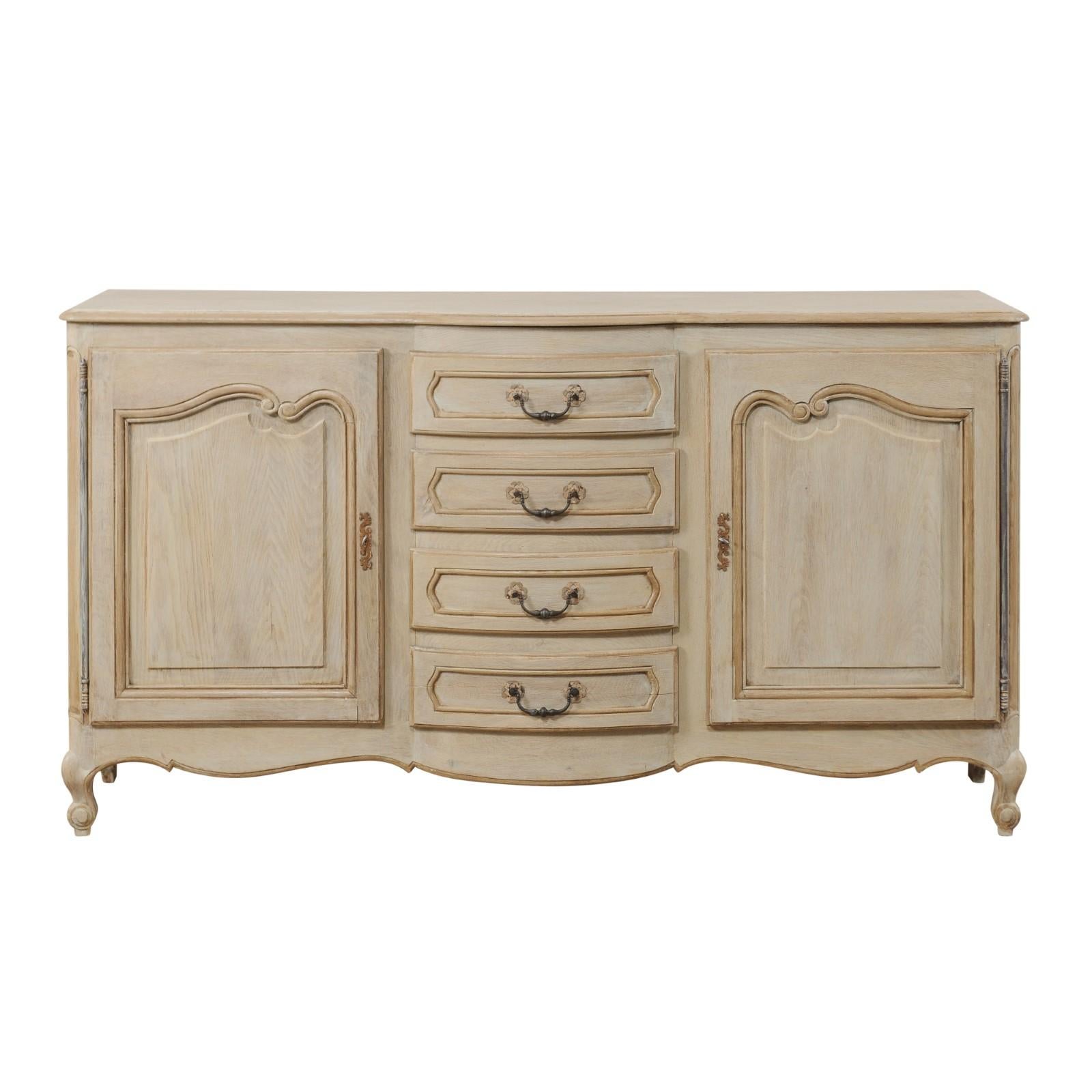French Vintage Painted Wood Console Cabinet w/ Center Drawers Flanked By Doors For Sale