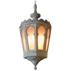 French Vintage Painted Wood Lantern with 8 Frosted Glass Panels with One-Door