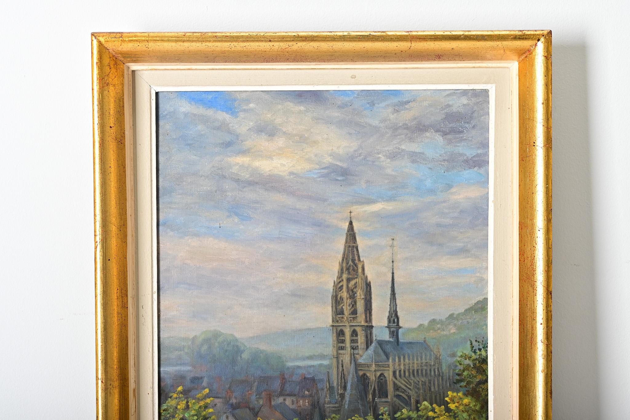 Dorato Quadro d'epoca francese raffigurante una cattedrale in vendita