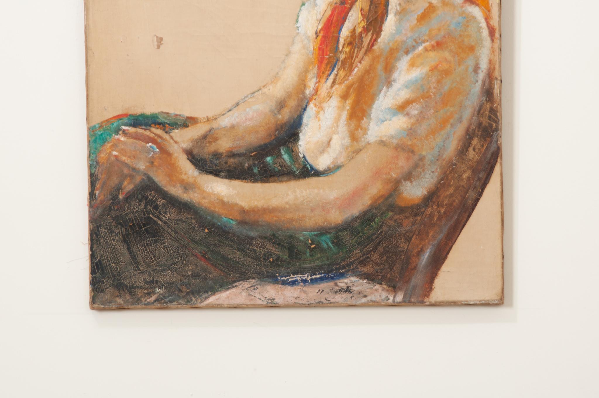 A young woman sits posed with her hands in her lap, in front of an abstract background. The texture of the painting is interesting and complex, painted on canvas. No signature found. Be sure to view all the images to see the details and current