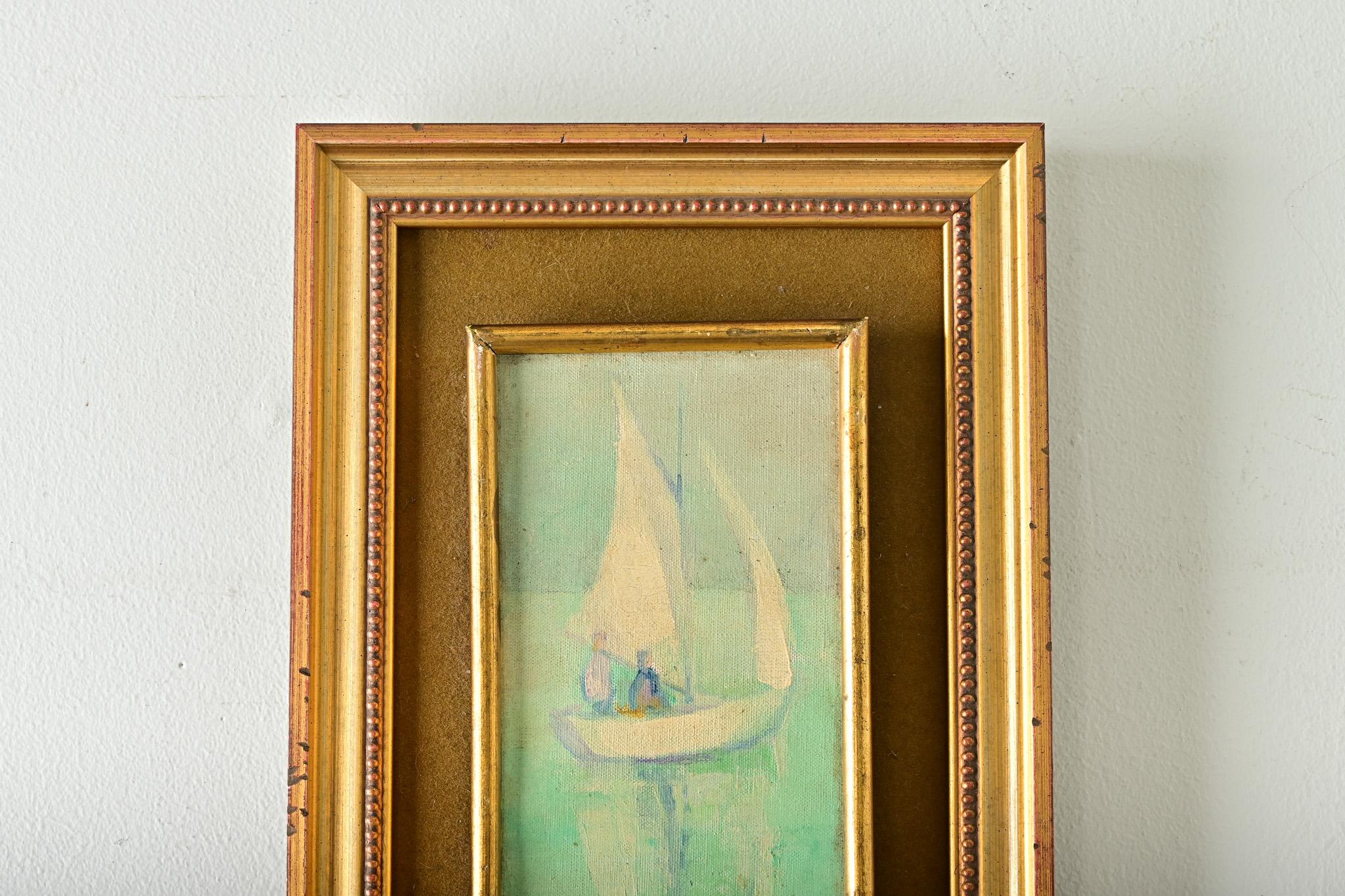 Oiled French Vintage Painting of a Sailboat