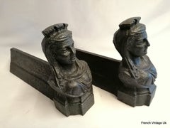 French Vintage Pair of 19th C Cast Iron Figurative face/Bust Fire Dogs