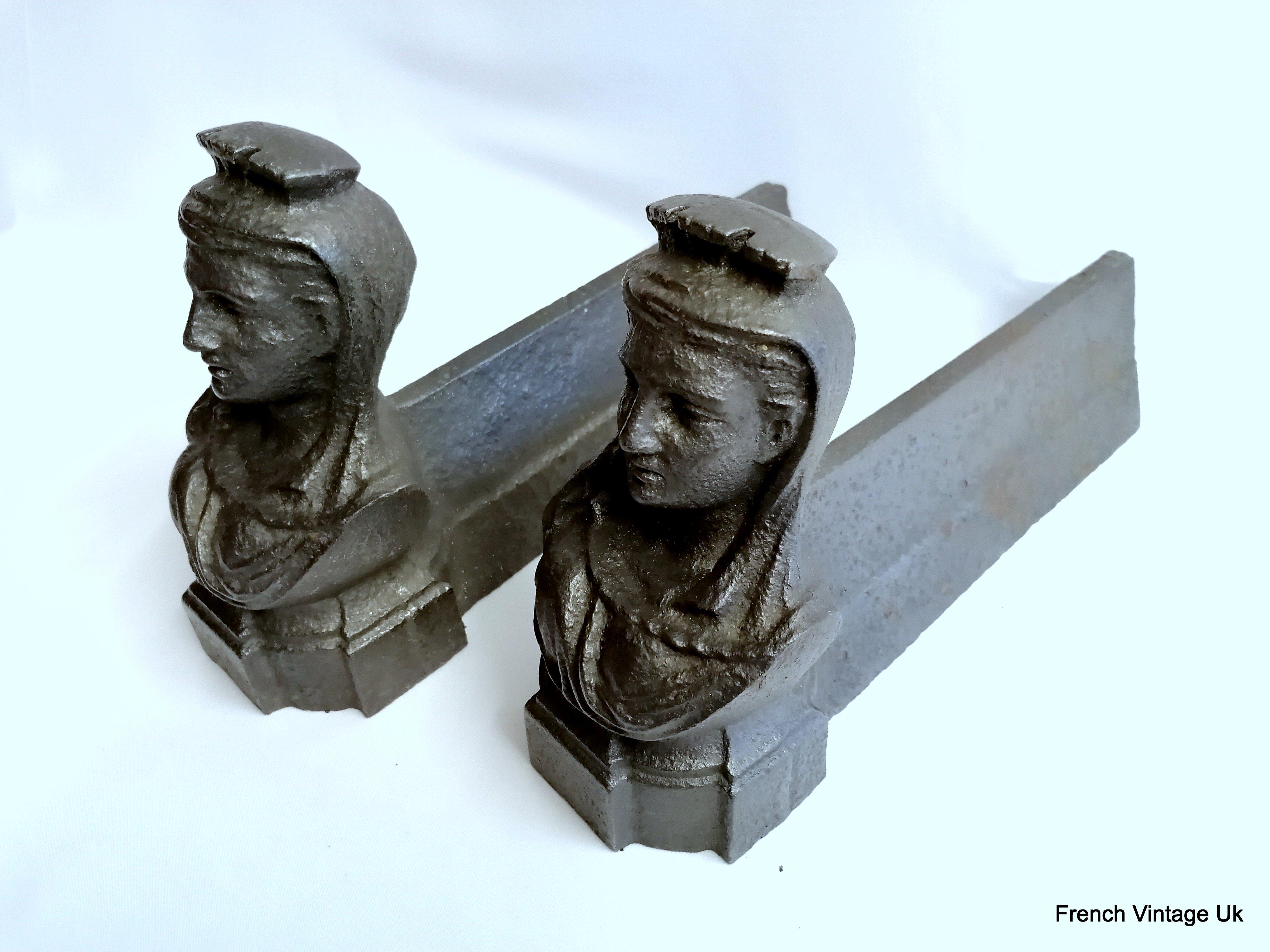 Art Deco French Vintage Pair of 19th C Cast Iron Figurative face/Bust Fire Dogs