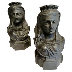 French Vintage Pair of 19th C Cast Iron Figurative face/Bust Fire Dogs