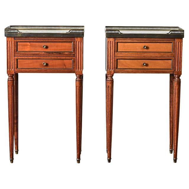 Pair of Louis XVI Style Bedside Tables with Inlays and Marble Top ...