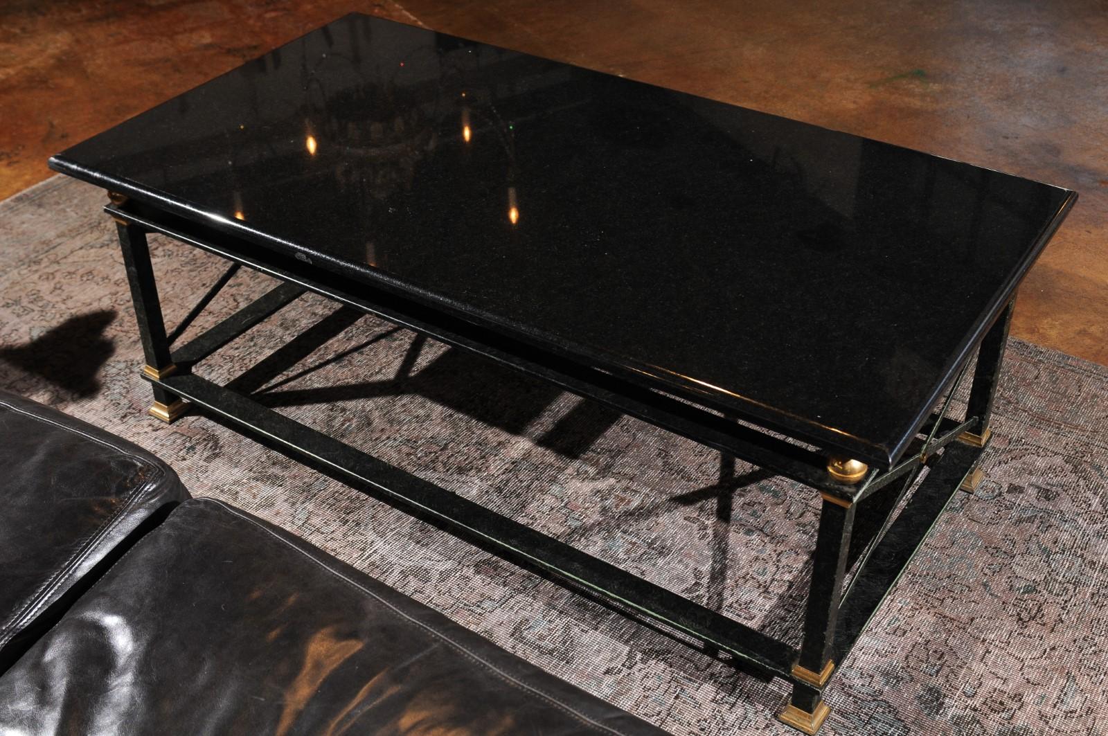 French Parisian Coffee Table with Black Marble Top, Iron Base and Brass Accents 4