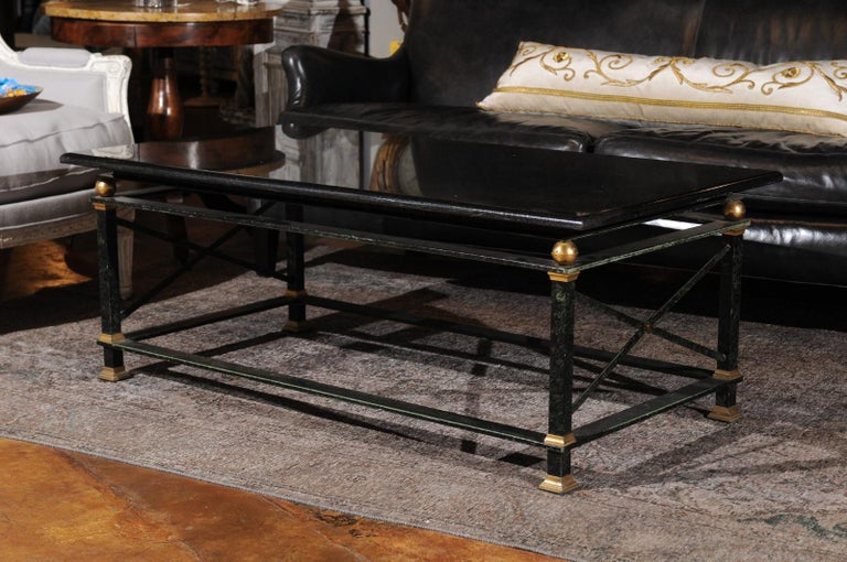 French Parisian Coffee Table with Black Marble Top, Iron Base and Brass Accents at 1stDibs