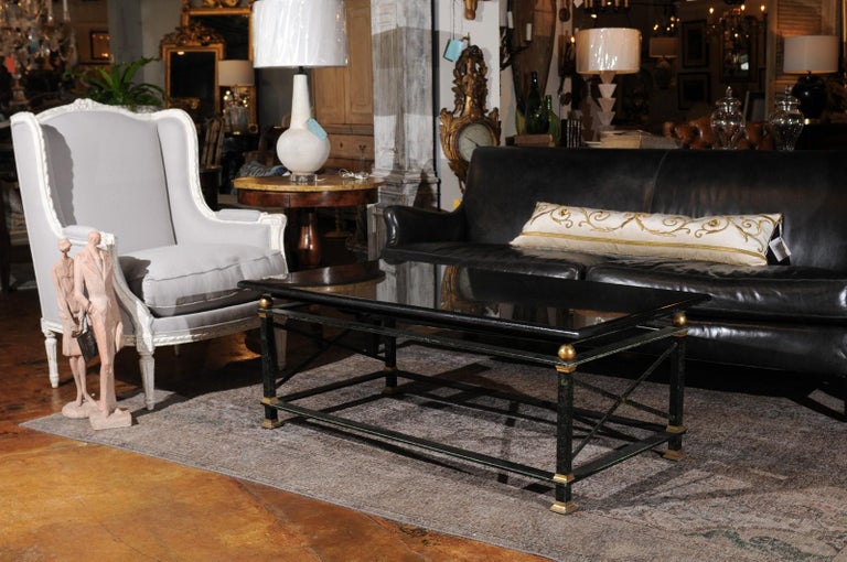 French Parisian Coffee Table with Black Marble Top, Iron Base and Brass Accents at 1stDibs
