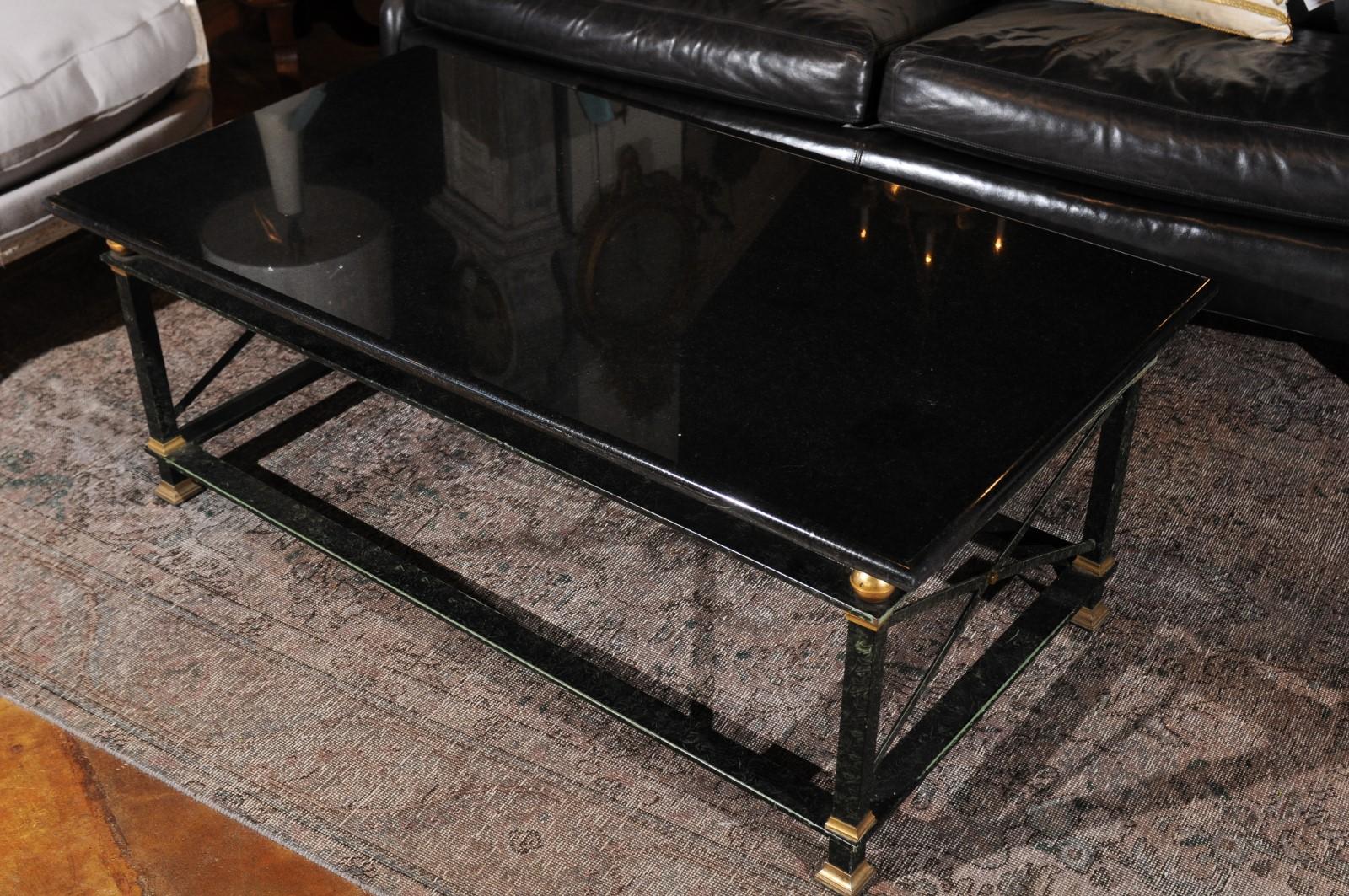 French Parisian Coffee Table with Black Marble Top, Iron Base and Brass Accents In Good Condition In Atlanta, GA